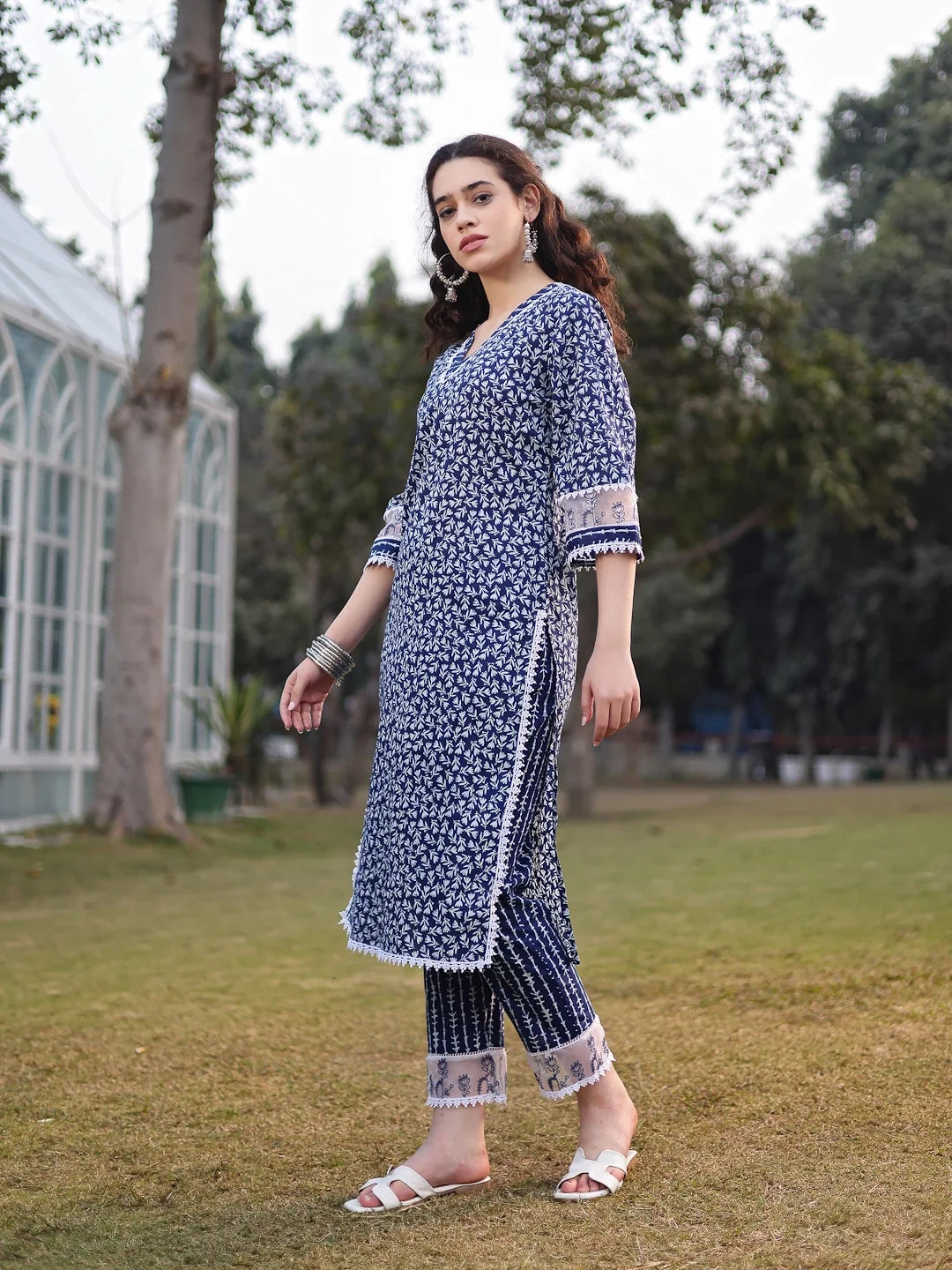 Blue Cotton Ethnic Motifs Lace Work Straight Kurta Trouser Set