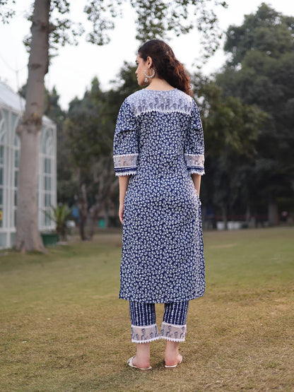 Blue Cotton Ethnic Motifs Lace Work Straight Kurta Trouser Set