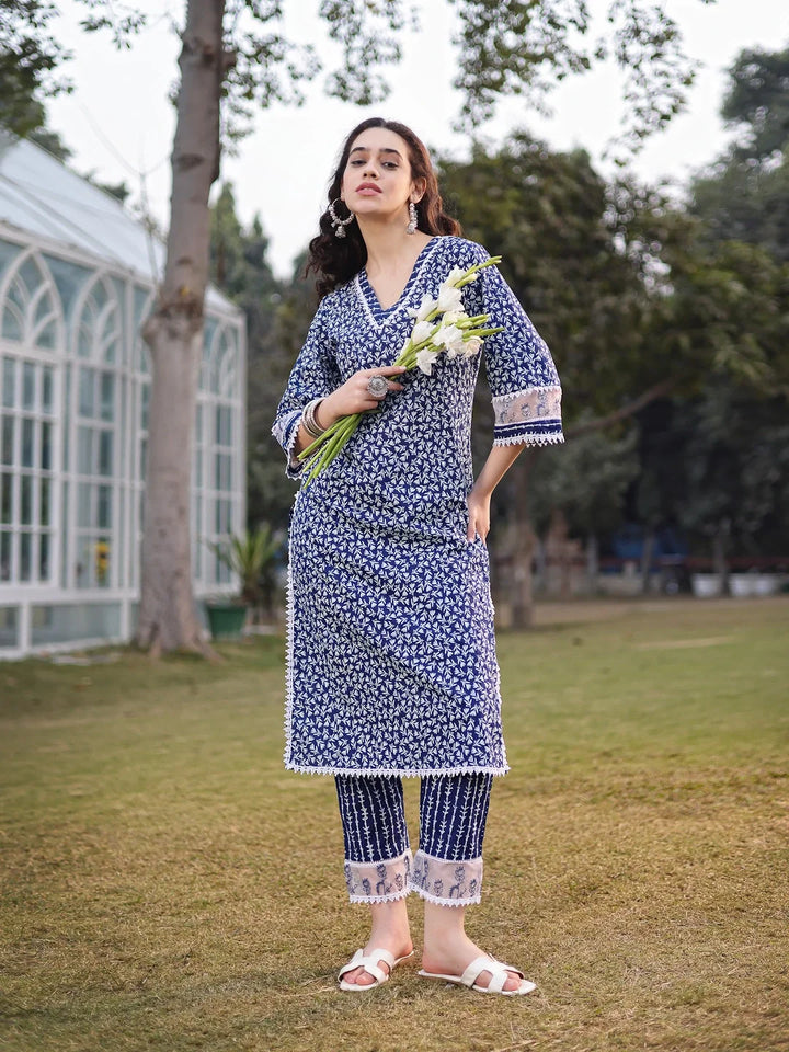 Blue Cotton Ethnic Motifs Lace Work Straight Kurta Trouser Set