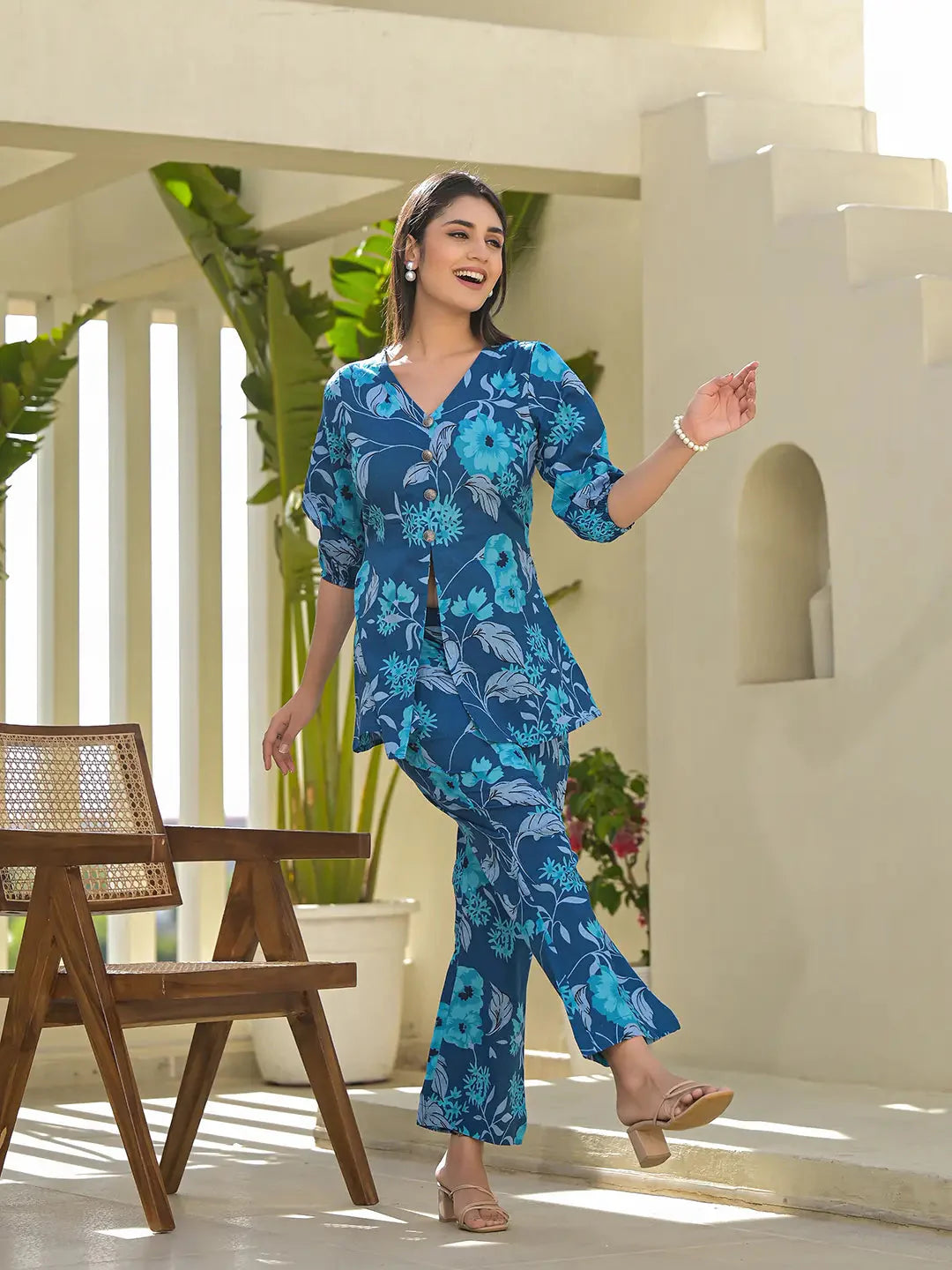 Blue Cotton Ethnic Motifs Print Co Ord Set