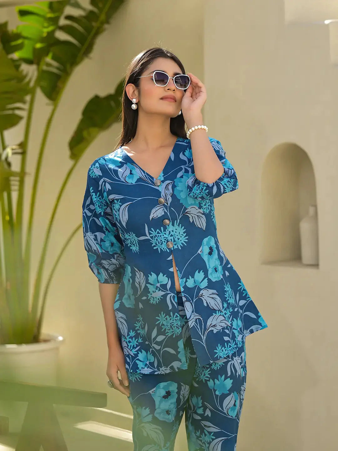 Blue Cotton Ethnic Motifs Print Co Ord Set