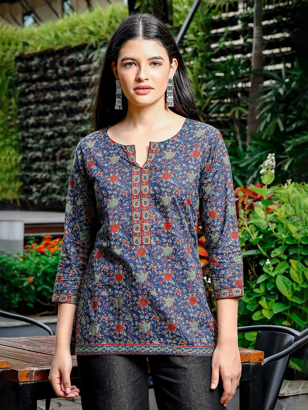 Women's Blue Cotton Blue Cotton Ethnic Motifs Regular Top by Yufta, suitable for wholesale buyers, boutiques, retailers, resellers and bulk fashion orders from Trendphoria