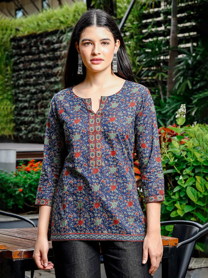 Women's Blue Cotton Blue Cotton Ethnic Motifs Regular Top by Yufta, suitable for wholesale buyers, boutiques, retailers, resellers and bulk fashion orders from Trendphoria