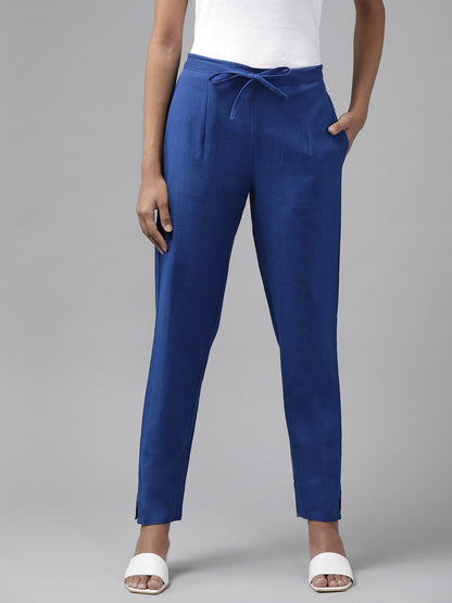 Women's Blue Cotton Blue Cotton Fit Trousers by Yufta, suitable for wholesale buyers, boutiques, retailers, resellers and bulk fashion orders from Trendphoria