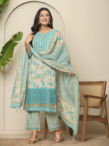 Blue Cotton Floral Kurta Dupatta Set With Lace Detailing