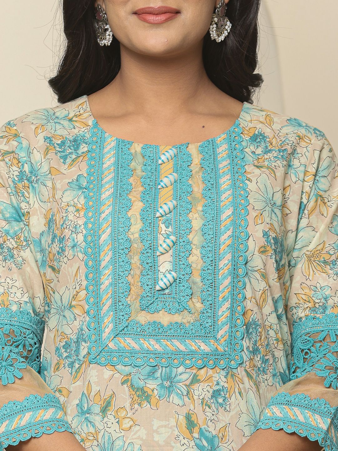 Blue Cotton Floral Kurta Dupatta Set With Lace Detailing
