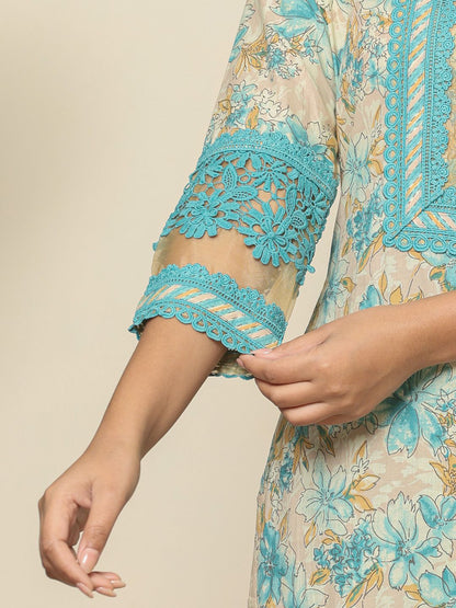Blue Cotton Floral Kurta Dupatta Set With Lace Detailing