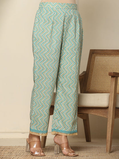 Blue Cotton Floral Kurta Dupatta Set With Lace Detailing
