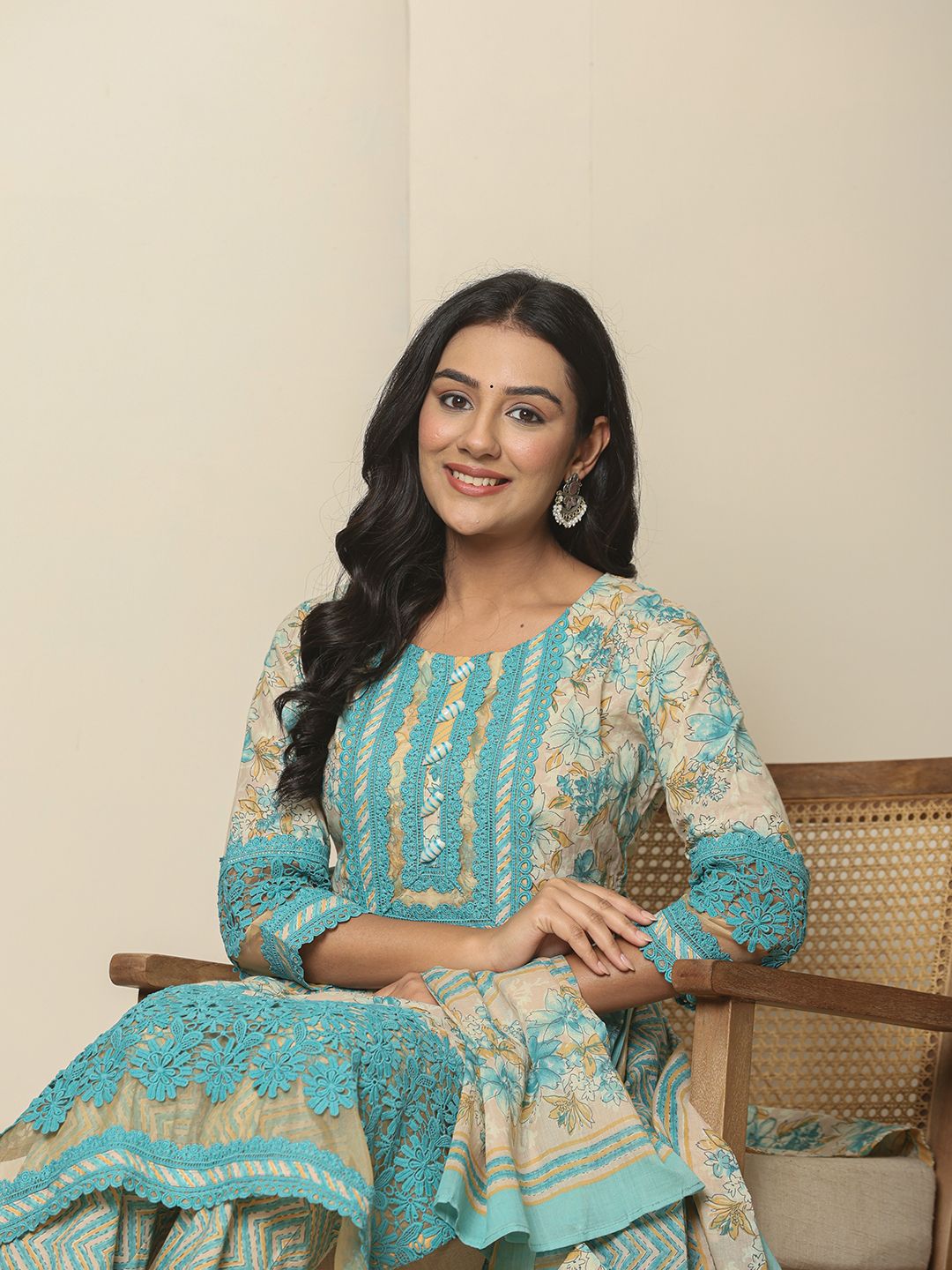 Blue Cotton Floral Kurta Dupatta Set With Lace Detailing