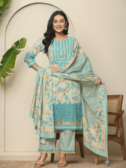 Women's Blue Cotton Blue Cotton Floral Kurta Dupatta Set With Lace Detailing by Yufta, suitable for wholesale buyers, boutiques, retailers, resellers and bulk fashion orders from Trendphoria
