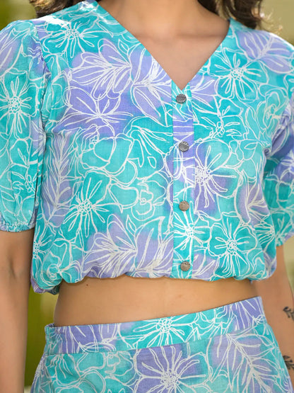 Blue Cotton Floral Print Co Ord Set