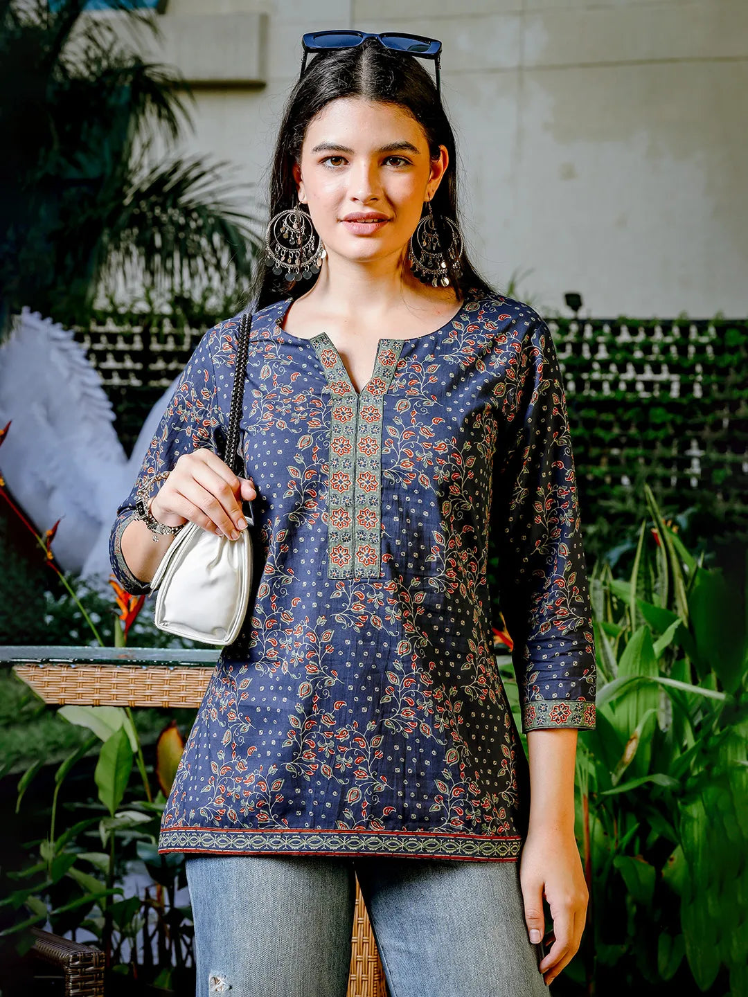 Women's Blue Cotton Blue Cotton Floral Print Regular Top by Yufta, suitable for wholesale buyers, boutiques, retailers, resellers and bulk fashion orders from Trendphoria
