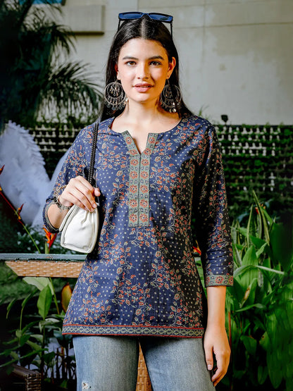 Women's Blue Cotton Blue Cotton Floral Print Regular Top by Yufta, suitable for wholesale buyers, boutiques, retailers, resellers and bulk fashion orders from Trendphoria