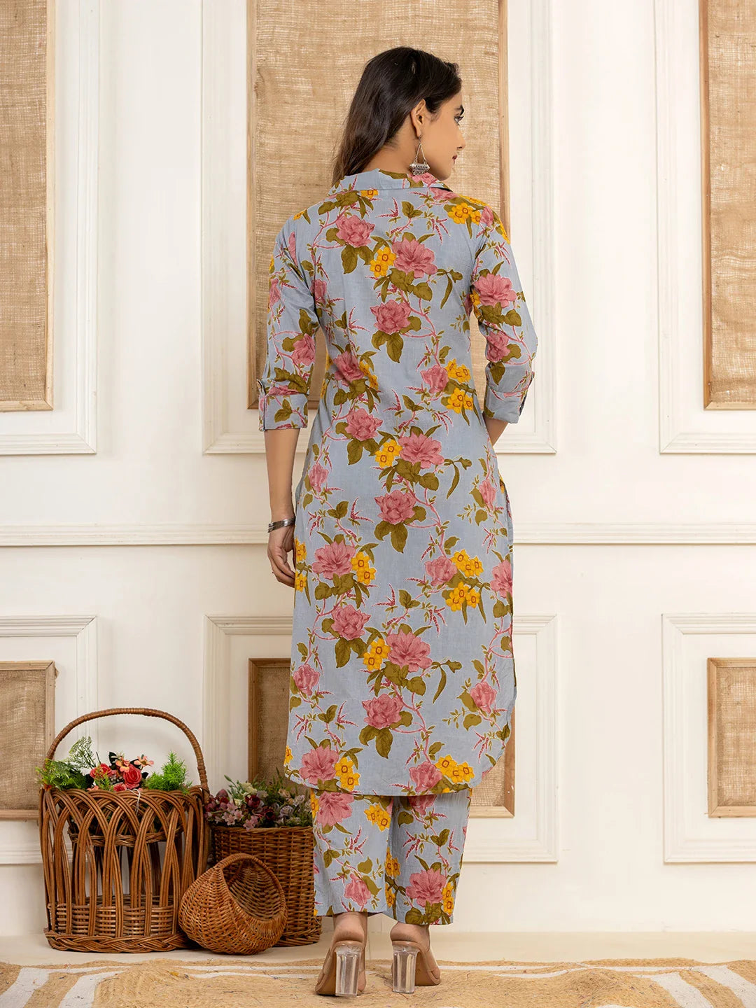 Blue Cotton Floral Print Striped Print Co Ord Set