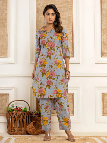 Blue Cotton Floral Print Striped Print Co Ord Set