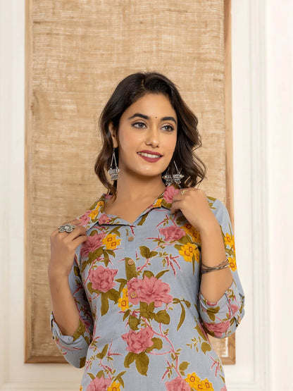 Blue Cotton Floral Print Striped Print Co Ord Set