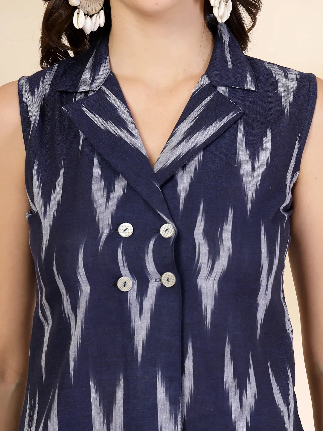 Blue Cotton Front Slit Ikat Cord Set