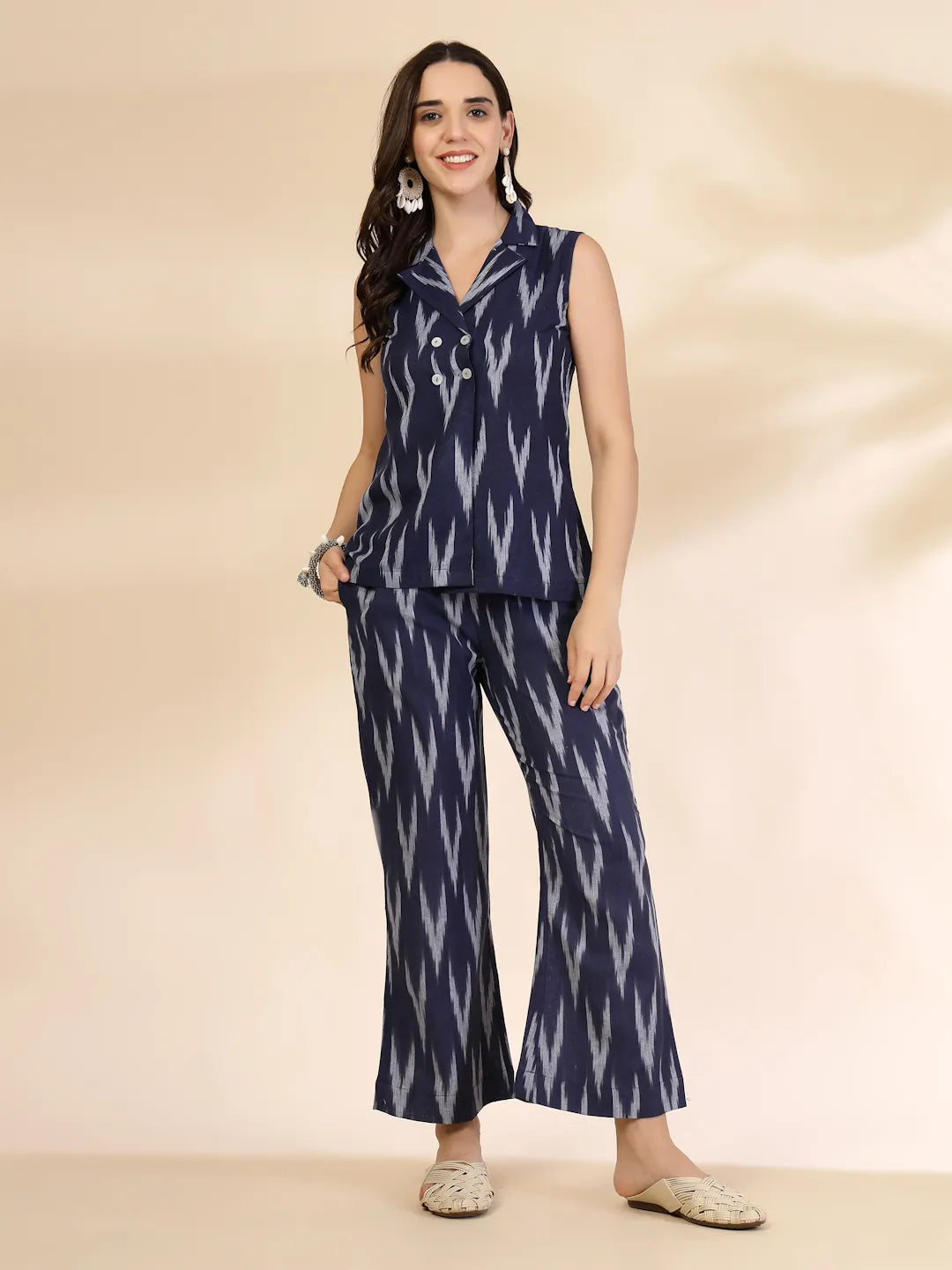 Women's Blue Cotton Blue Cotton Front Slit Ikat Cord Set by Yufta, suitable for wholesale buyers, boutiques, retailers, resellers and bulk fashion orders from Trendphoria