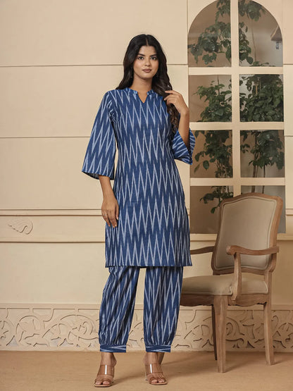 Women's Blue Cotton Blue Cotton Ikat Co Ord Set by Yufta, suitable for wholesale buyers, boutiques, retailers, resellers and bulk fashion orders from Trendphoria