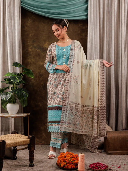 Blue Cotton Kurta Dupatta Set With Lace Detailing