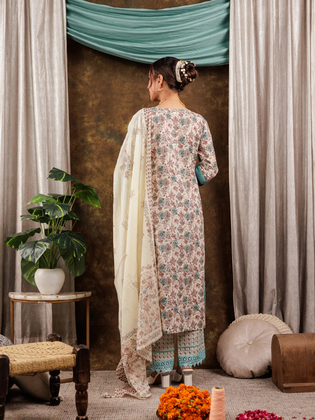 Blue Cotton Kurta Dupatta Set With Lace Detailing