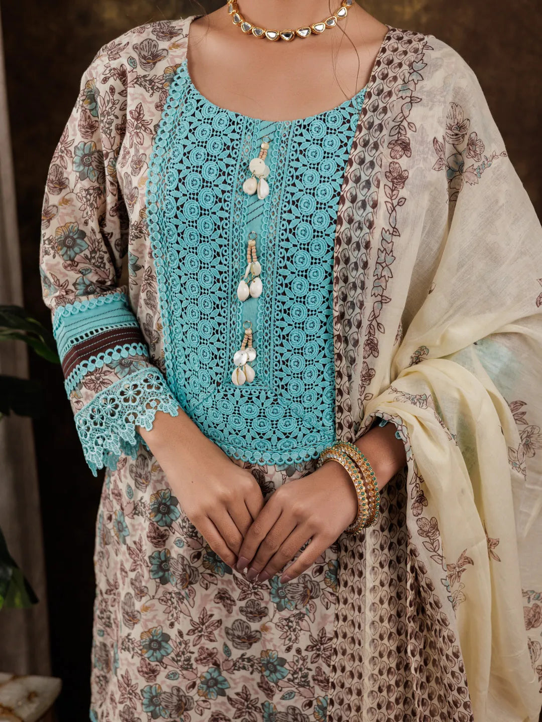 Blue Cotton Kurta Dupatta Set With Lace Detailing