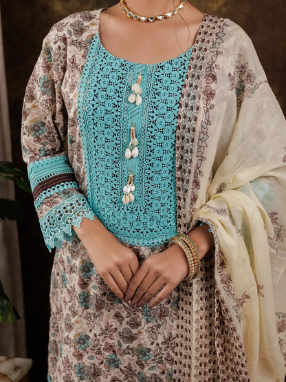 Blue Cotton Kurta Dupatta Set With Lace Detailing
