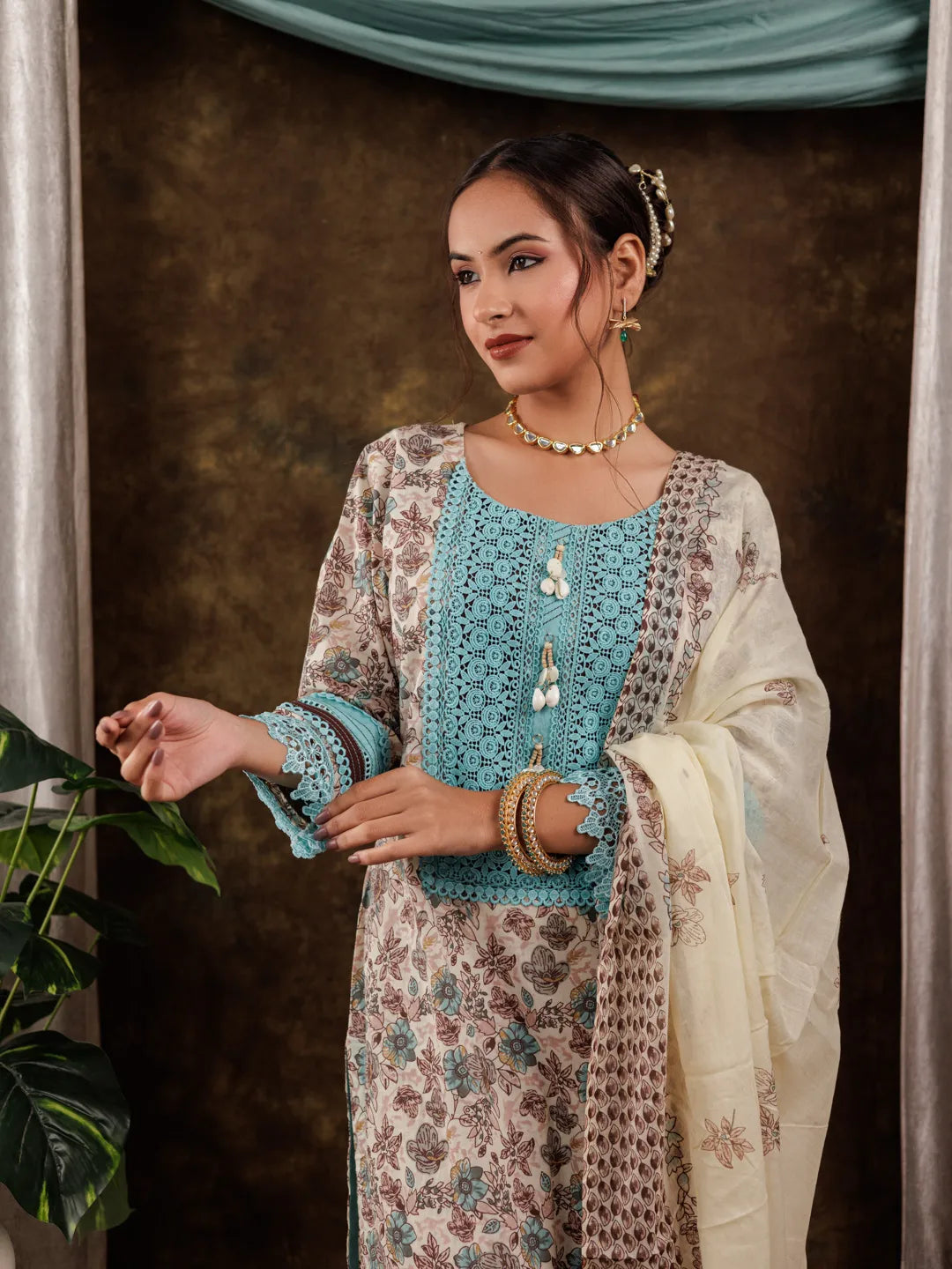 Blue Cotton Kurta Dupatta Set With Lace Detailing