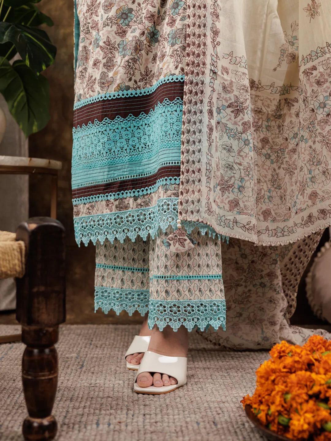 Blue Cotton Kurta Dupatta Set With Lace Detailing