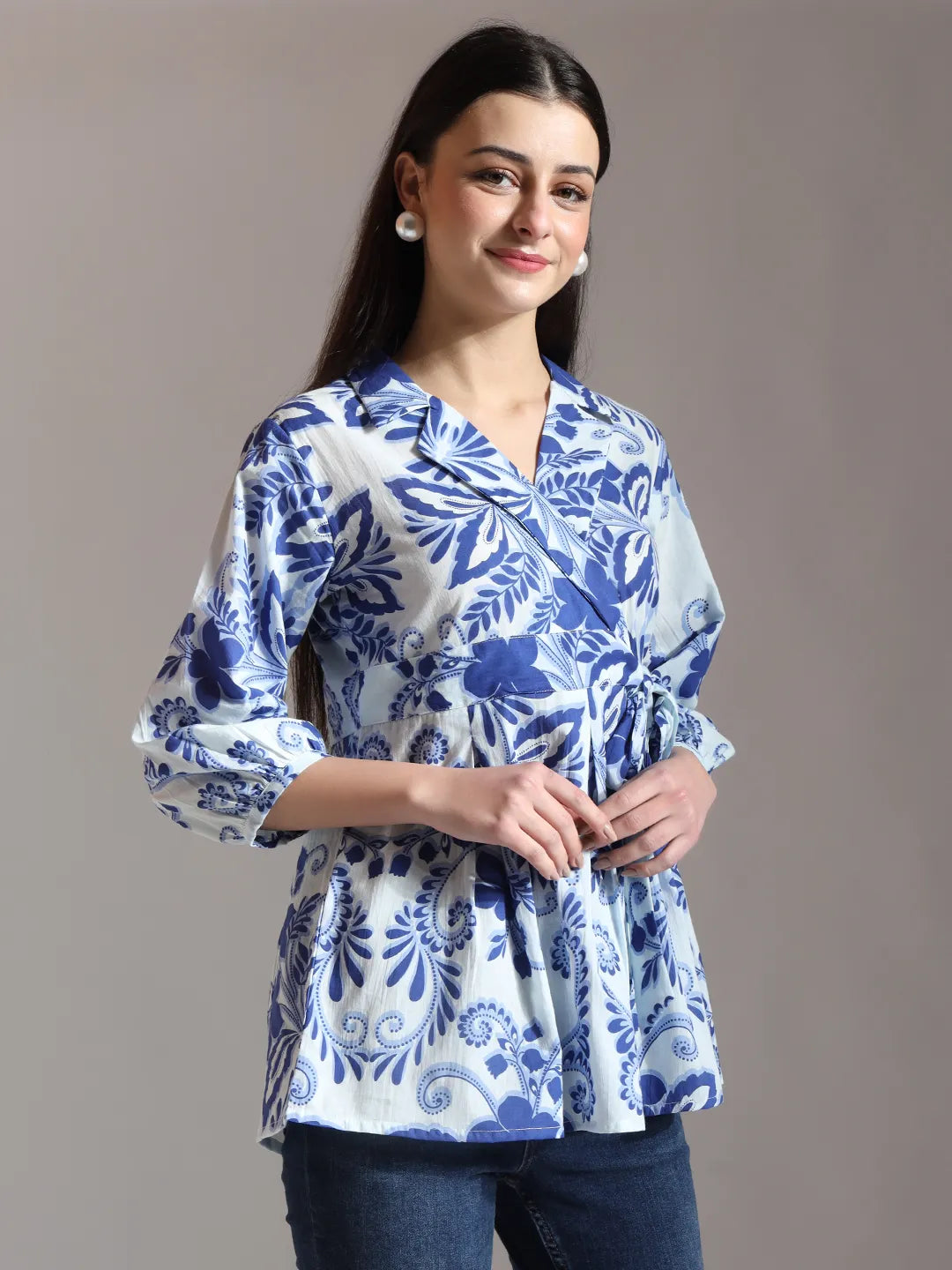 Blue Cotton Peplum Top
