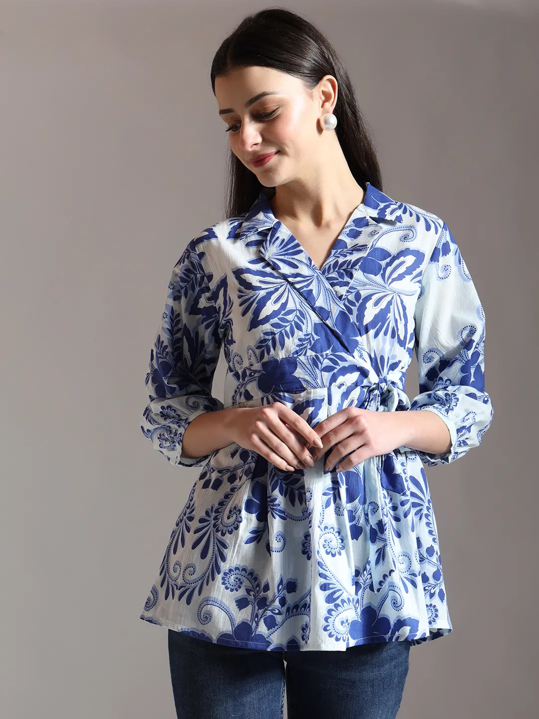 Blue Cotton Peplum Top