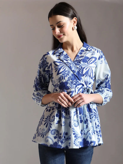Blue Cotton Peplum Top