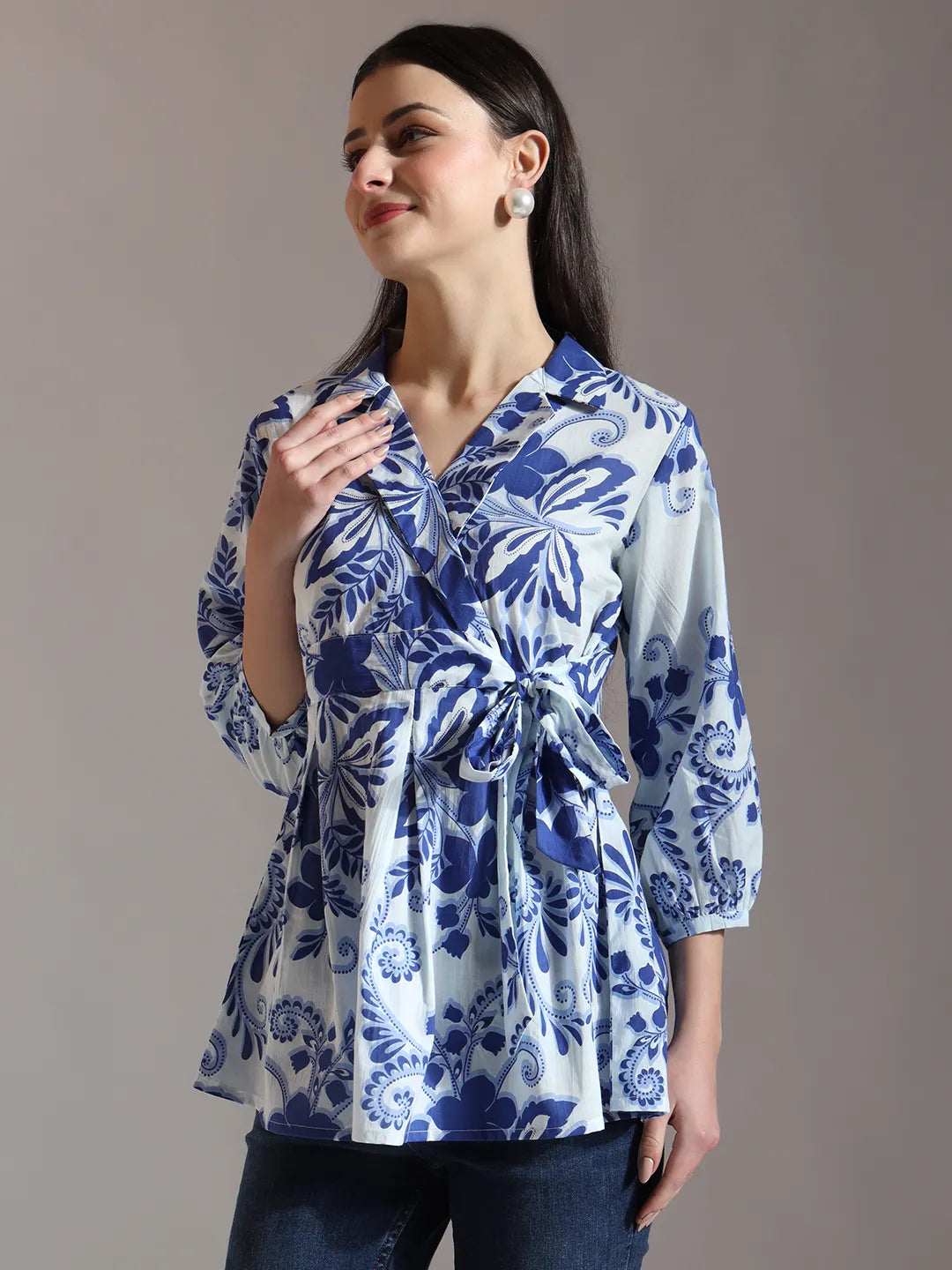 Blue Cotton Peplum Top