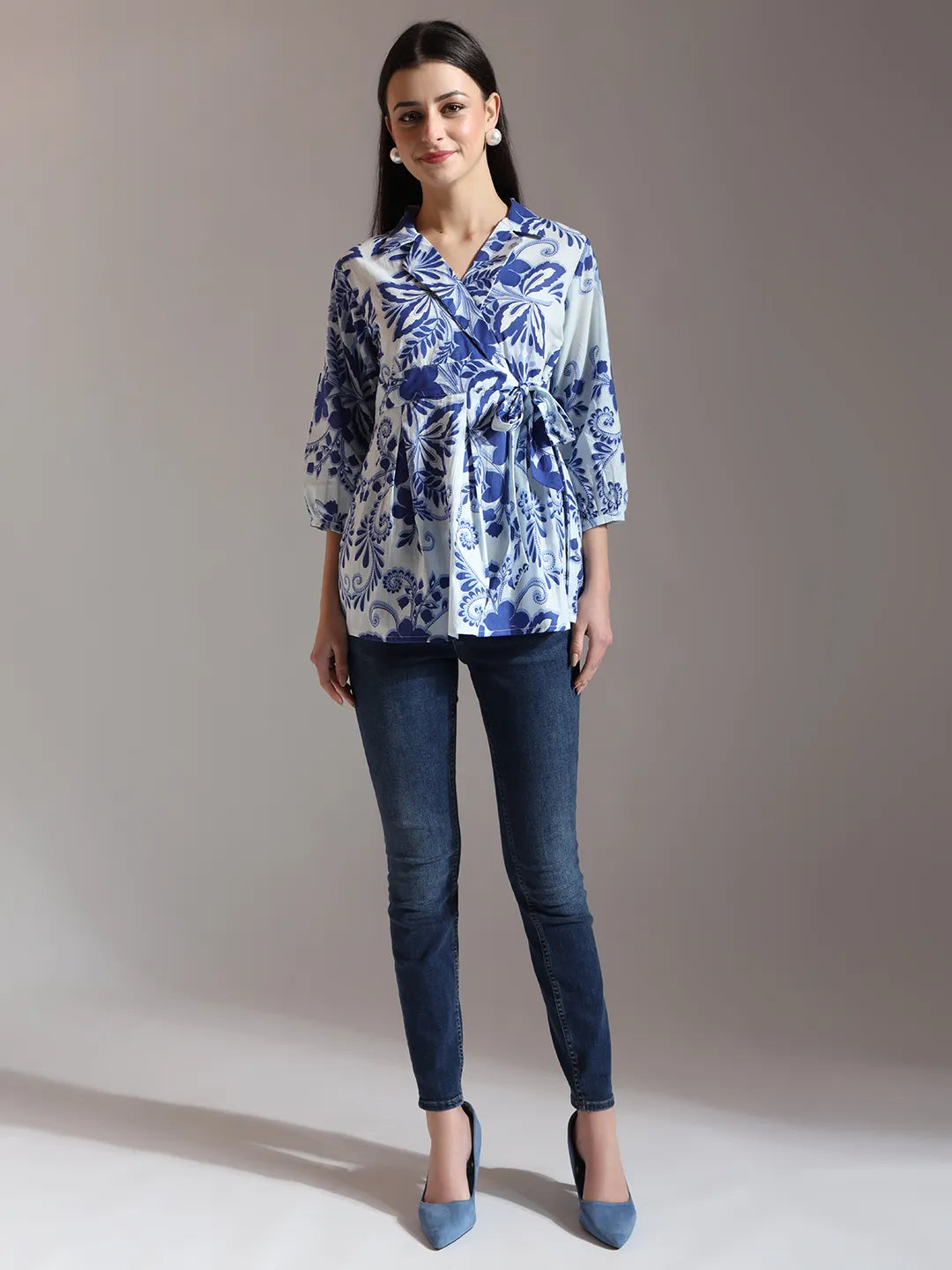 Women's Blue Cotton Blue Cotton Peplum Top by Yufta, suitable for wholesale buyers, boutiques, retailers, resellers and bulk fashion orders from Trendphoria