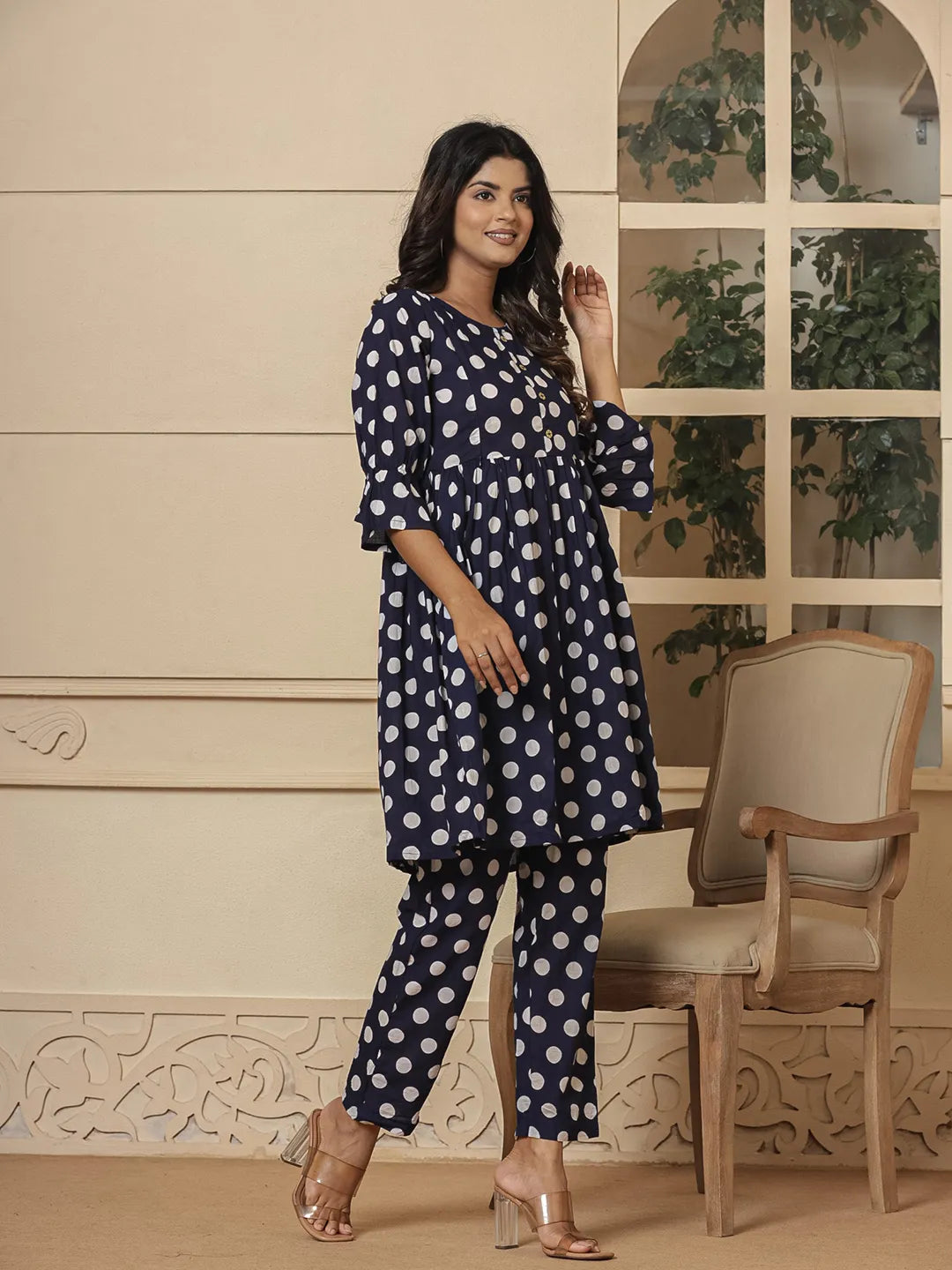 Blue Cotton Polka Dot Print Maternity Wear Kurta Pants Set