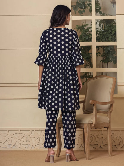 Blue Cotton Polka Dot Print Maternity Wear Kurta Pants Set