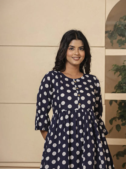 Blue Cotton Polka Dot Print Maternity Wear Kurta Pants Set