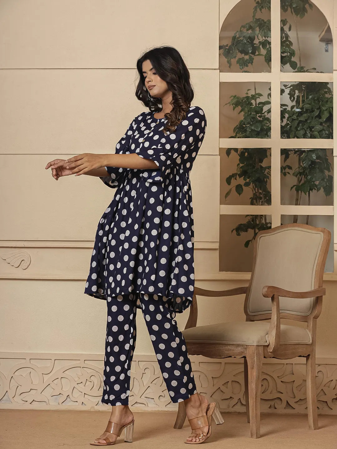 Blue Cotton Polka Dot Print Maternity Wear Kurta Pants Set