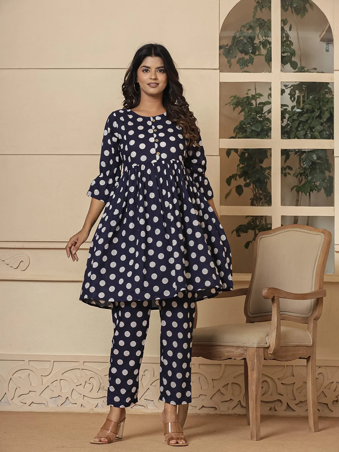 Women's Blue Cotton Blue Cotton Polka Dot Print Maternity Wear Kurta Pants Set by Yufta, suitable for wholesale buyers, boutiques, retailers, resellers and bulk fashion orders from Trendphoria