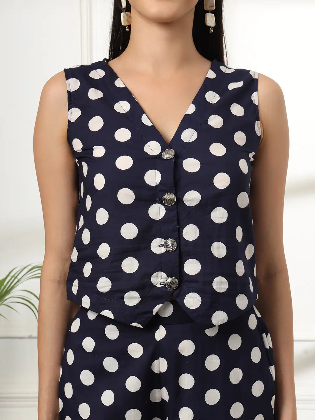 Blue Cotton Polka Dot Waistcoat Co Ord