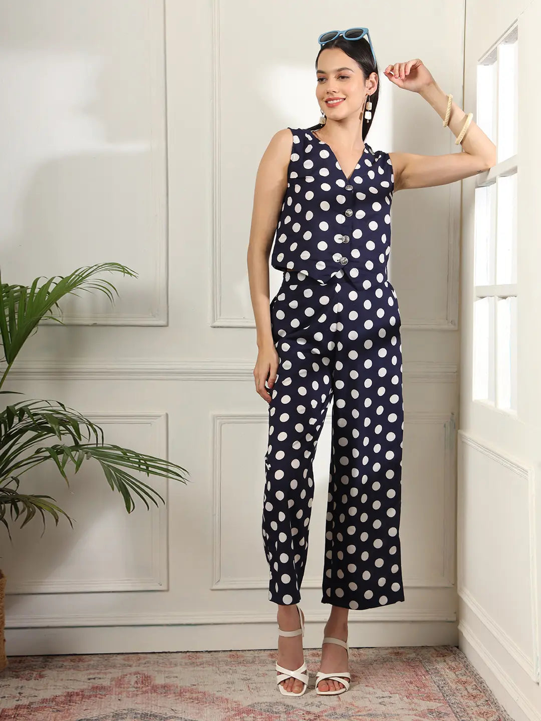 Blue Cotton Polka Dot Waistcoat Co Ord