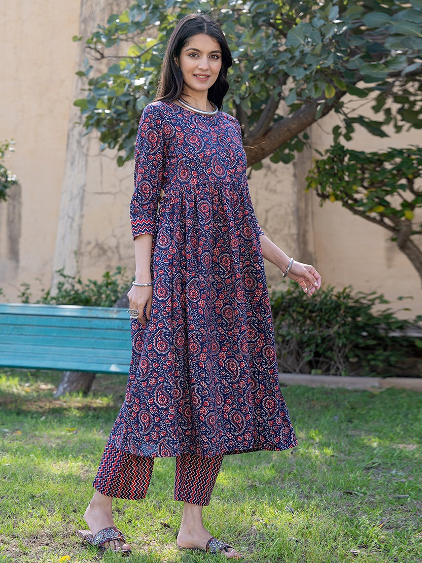 Blue Cotton Printed Gathered Kurta Set With Front Slit