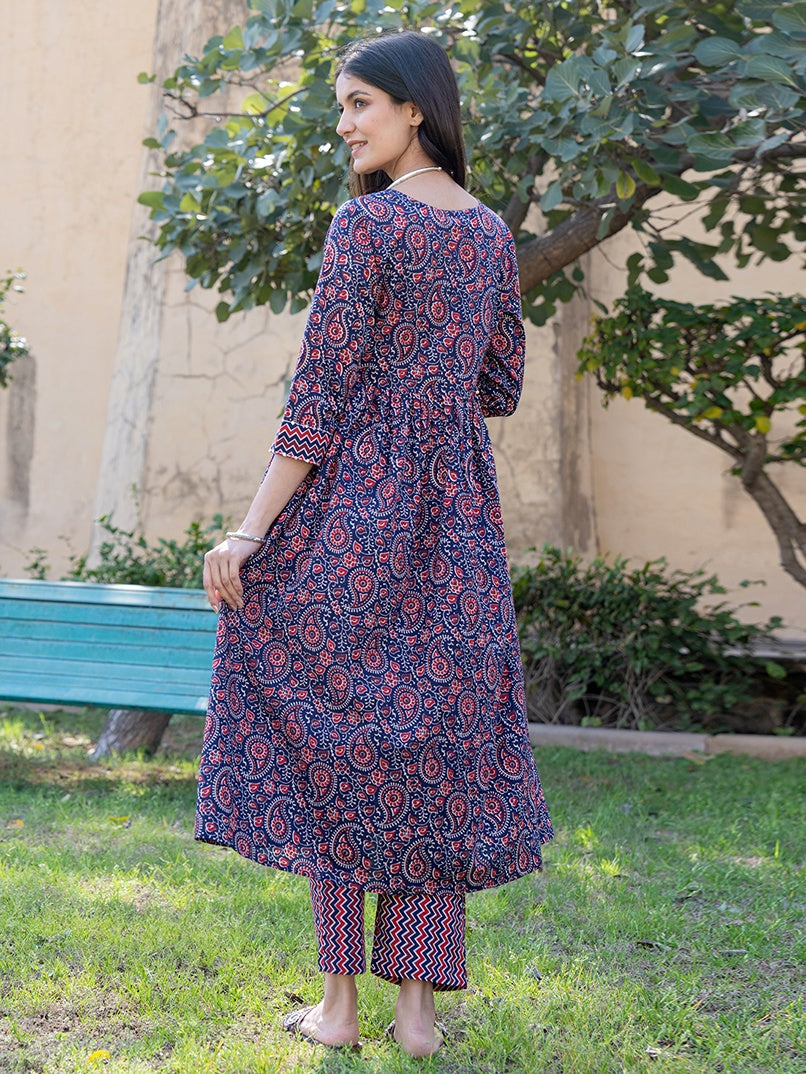 Blue Cotton Printed Gathered Kurta Set With Front Slit