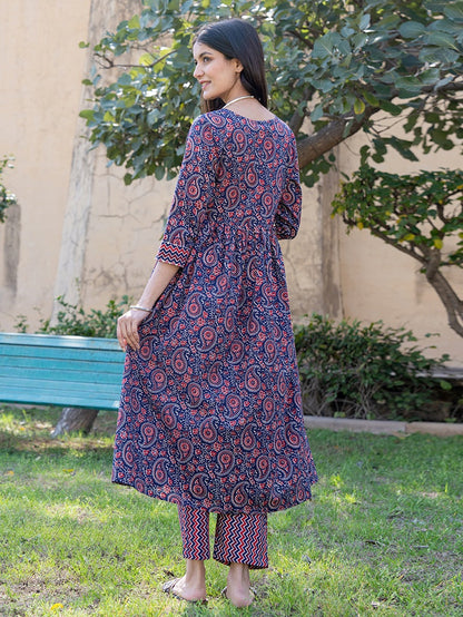 Blue Cotton Printed Gathered Kurta Set With Front Slit