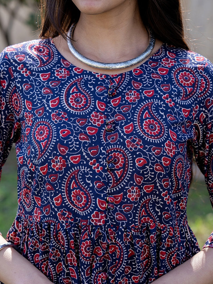 Blue Cotton Printed Gathered Kurta Set With Front Slit