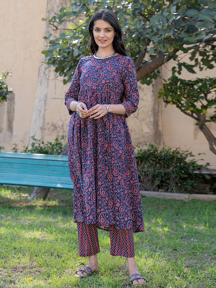 Blue Cotton Printed Gathered Kurta Set With Front Slit