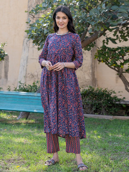 Blue Cotton Printed Gathered Kurta Set With Front Slit