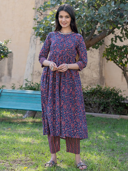 Blue Cotton Printed Gathered Kurta Set With Front Slit