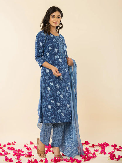 Blue Cotton Sequins Work Straight Kurta Dupatta Set