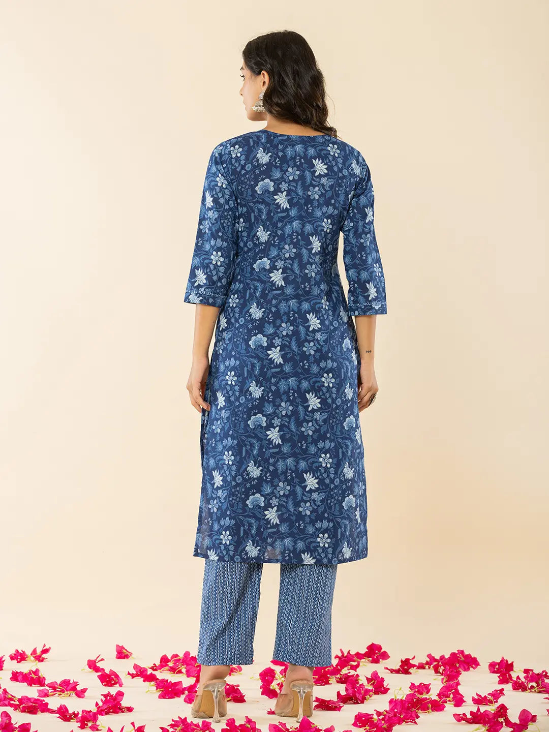 Blue Cotton Sequins Work Straight Kurta Dupatta Set